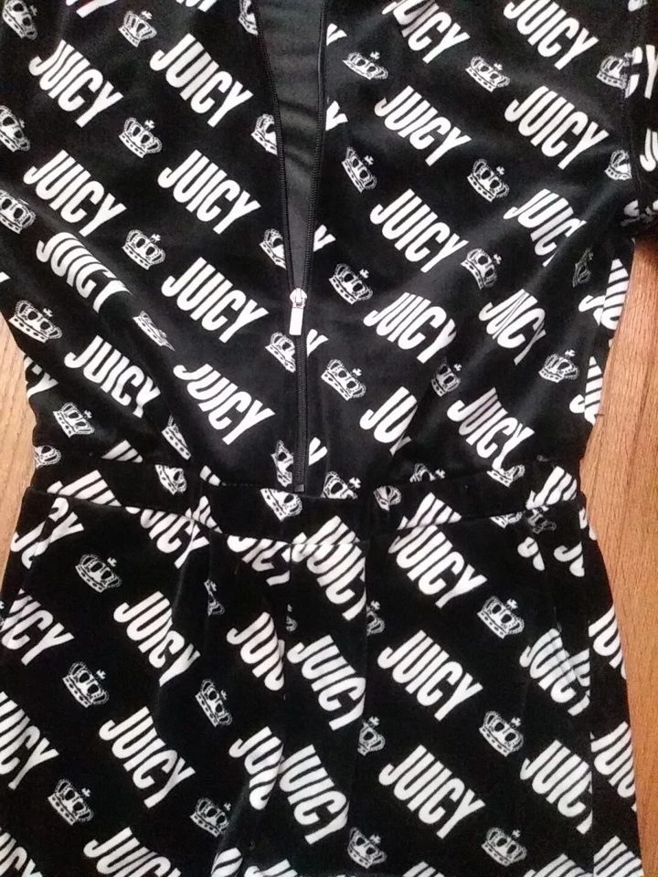 Juicy Couture Pequeño Negro Blanco Logo Terciopelo Acogedor Mono con Capucha Estampado con Cremallera Foto 3 de 4