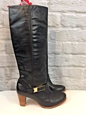 Alli Marie Women's Black Tall Pull On Leather Heeled Boots Metal Detail Size 8