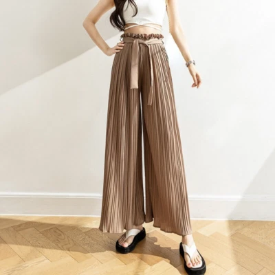 Femmes Mousseline Plissé Pantalon Jambe Large Ruche en Vrac avec Ceinture - Photo 1/4