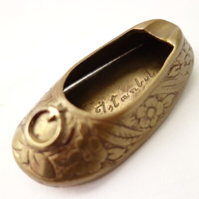 Vintage Brass Miniature Hand Etched Shoe Slipper Personal Ashtray