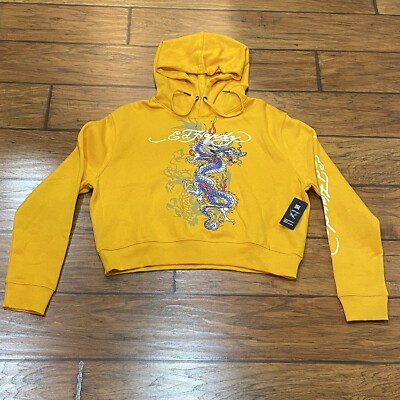 Ed Hardy Cropped Hoodie Women s XL Pullover Dragon Yellow Y2K Skater Graphic