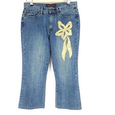 Bogari Womens Jeans 8 Blue Capri Pants Mid Rise Stretch Denim Flower Embroidered