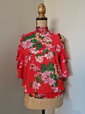 ONLY: WUNDERSCHÖNE BLUMENBLUSE SCHLEIER SCHULTERFREI ROTTON 