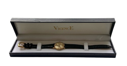 Vicence Vintage 14K Gold Crocodile Embossed Black Leather Band Milor Italy Watch - Picture 3 of 12