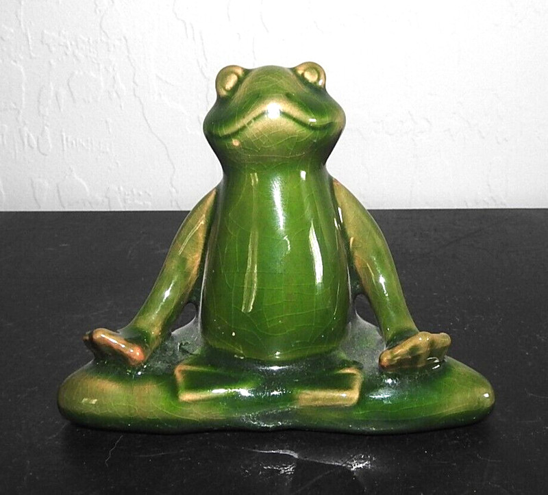 Vintage Ceramic Zen Yoga Pose Frog Figurine Zen Lotus Glazed Bright Green