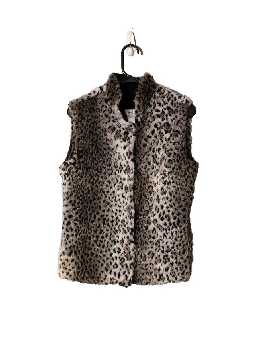 Coldwater Creek Snow Leopard Faux Fur Button Up Vest Women's Size