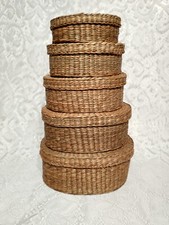 Wicker Basket Set of Five Oval with lids handy Collectible Home Decor tblhw1