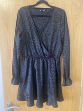 Black Satin Jacquard Leopard Mini Dress Divided H&M UK 14