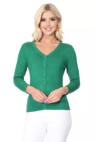 YEMAK Women's 3/4 Sleeve V-Neck Button-Down Basic Sweater Cardigan CO078 (S-XL)