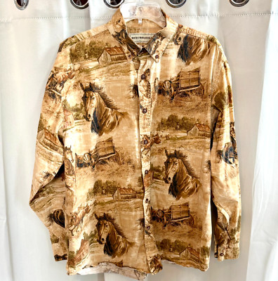 Vtg Bit Briddle Mens Shirt Large Horse Button Up Western Farm Scene Rodeo 17859x