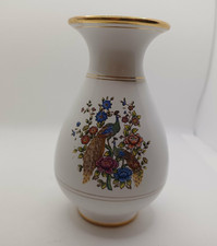 White Greek Vase With Peacock And Flower Pattern 24K Gold Trim 13.5 cm high