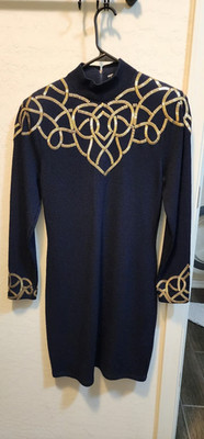 Vintage ST. JOHN By Marie Gray Knit Dress Navy Gold Studded Mock Neck
