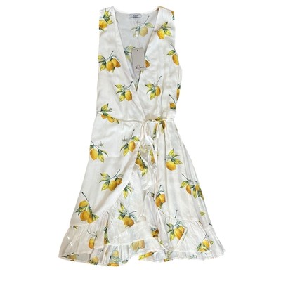 Rails Women s Madison Lemon Print Sleeveless White Yellow Wrap Ruffle Mini Dress