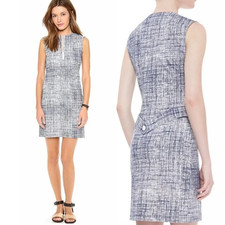 Tory Burch Kinsley Dress Navy Blue & White Grid Pattern Large