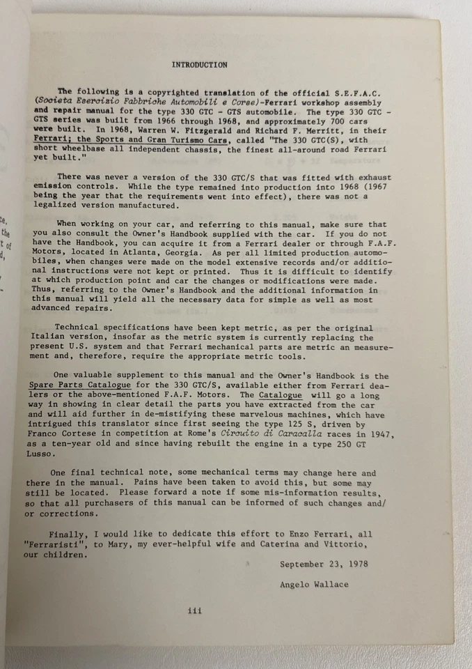 Ferrari 330 GTC GTS Datos de montaje e instrucciones de reparación Manual de carpeta Foto 3 de 4
