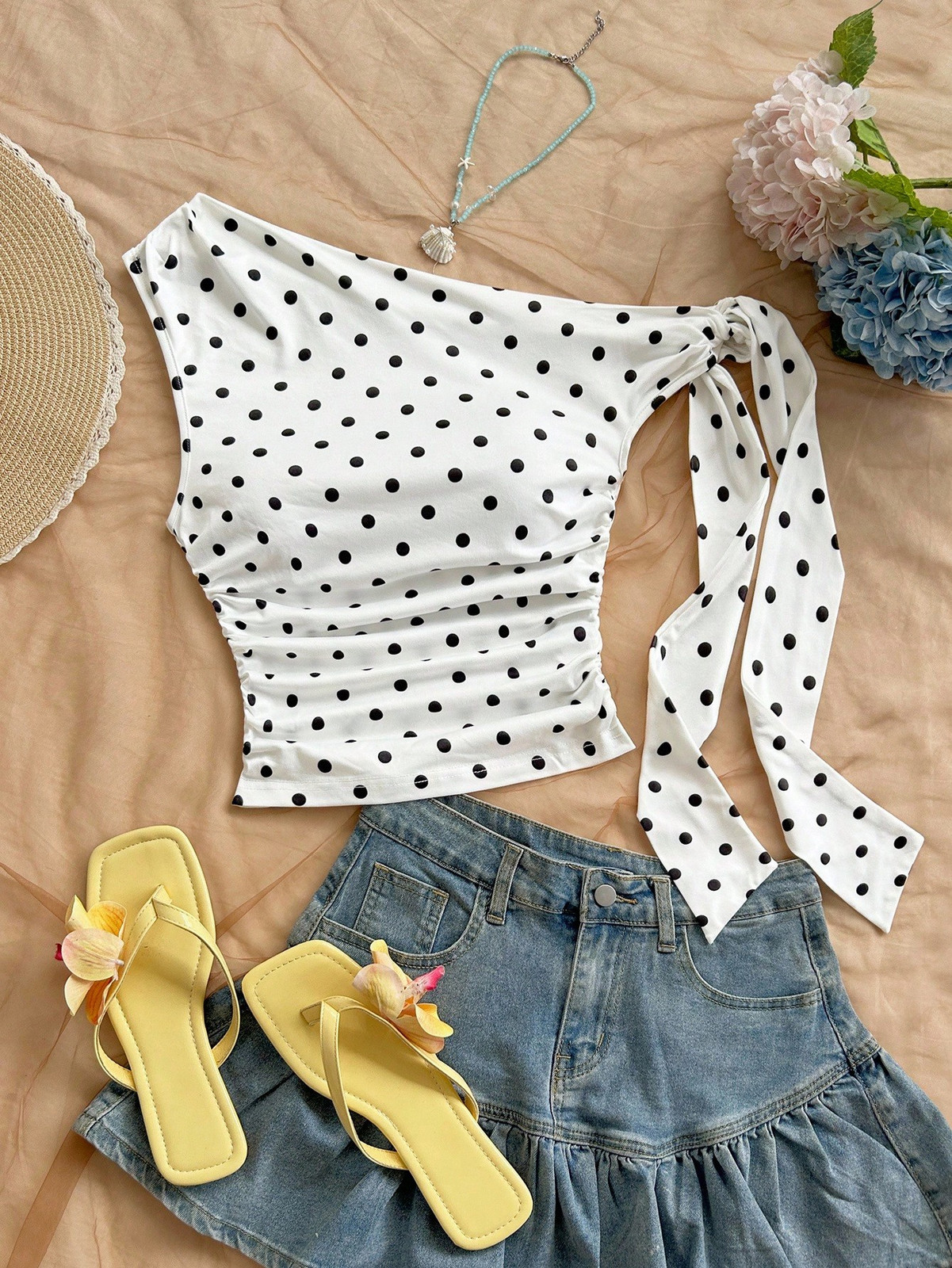 Polka Dot Short Top Y2K Printed Pleated Asymmetrical Shoulder Shirt Women