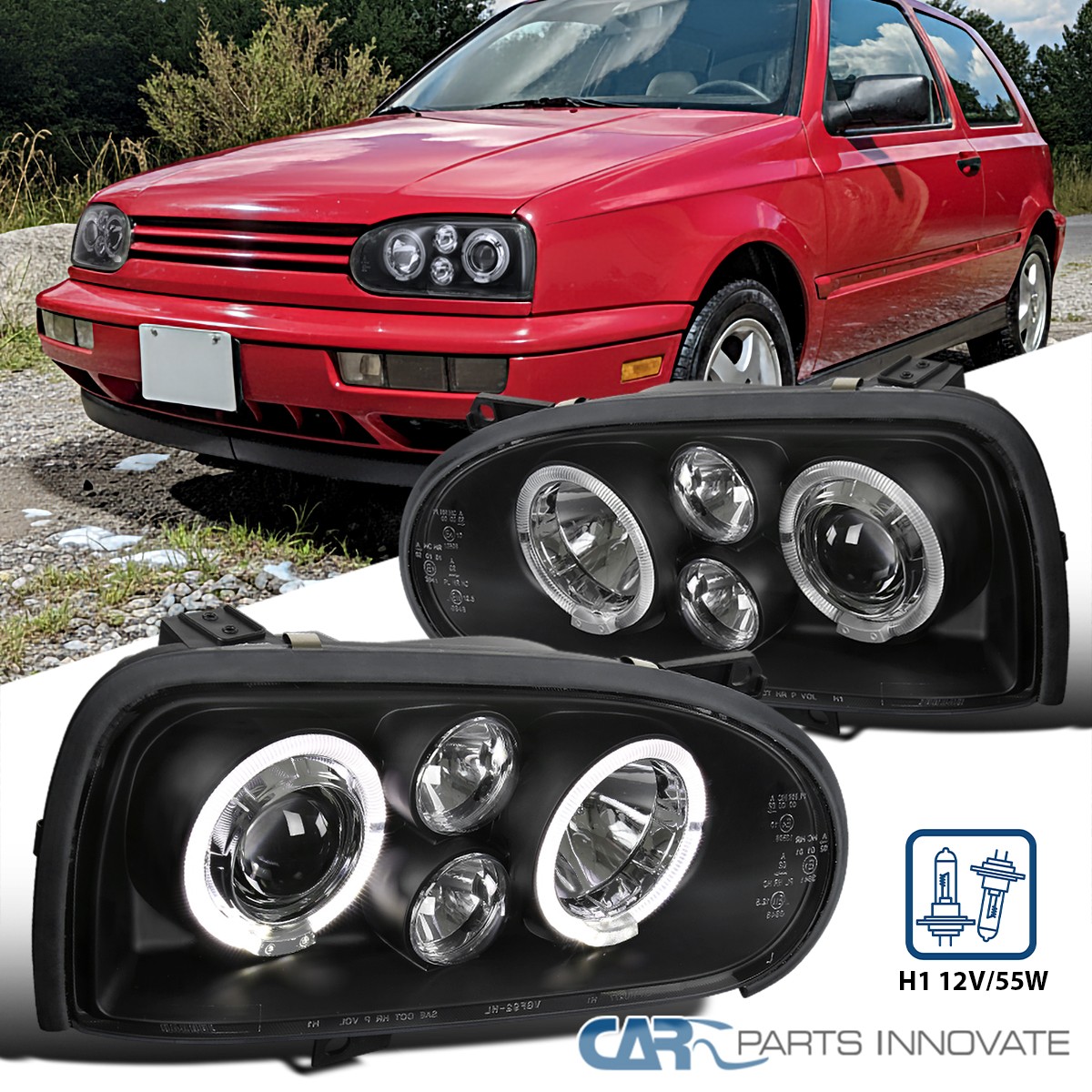 Fits 93-98 VW Golf Mk3 95-98 Cabrio Black Halo Projector