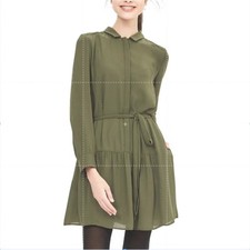 Banana Republic Crepe Shirt Dress Long Sleeve Drop Waist Pleated Green Size 14
