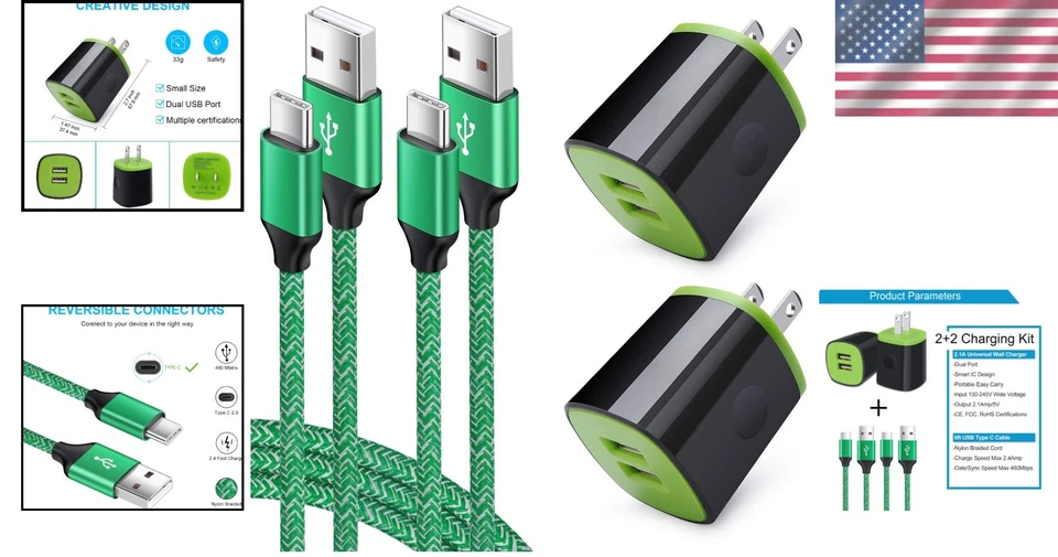 Cable de carga USB-C duradero de 6 pies y adaptador de doble puerto - Carga rápida para Samsung Foto 2 de 4