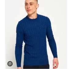 Superdry Harlo Cable Knit Crew Neck Blue Lambswool Pullover Sweater Mens Large