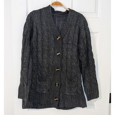 Chunky Cable Knit Sweater Cardigan Gray Pockets Gray Buttons Wool Blend S NWOT