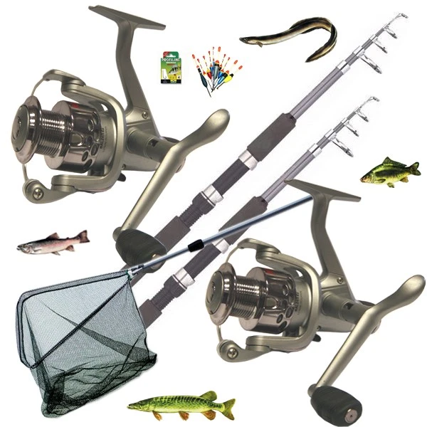 VF-ANGELSPORT Angelset 2 Ruten 2 Rollen + Kescher + Zubehör Komplettset Forellenset