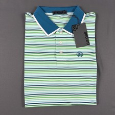 G/Fore G4 Golf Shirt Polo Sleeve Logo Striped Medium Blue Green White MSRP 120
