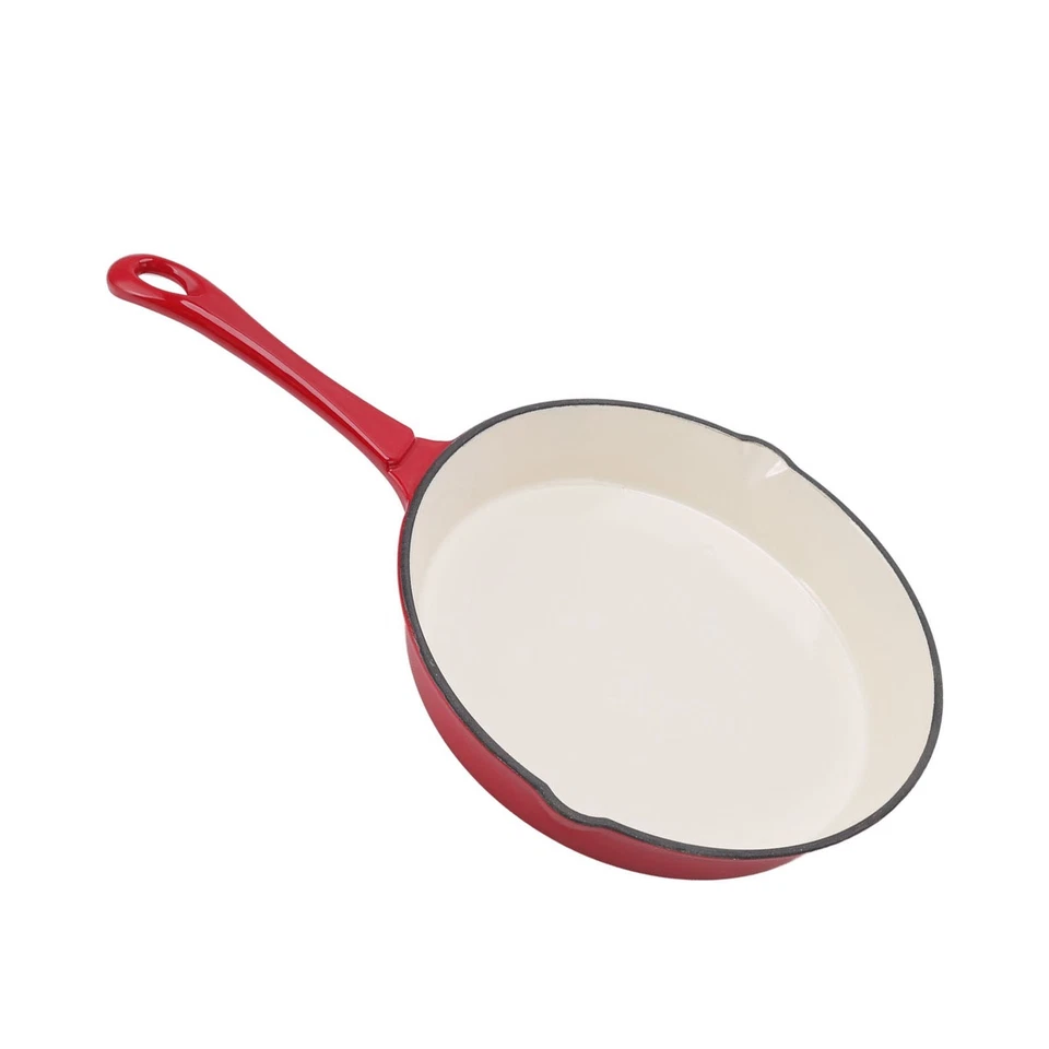 Emaillierte Pfanne Aus Gusseisen Einteilig Langer Griff Rot 25cm Durchmesser DE - Bild 3 von 4