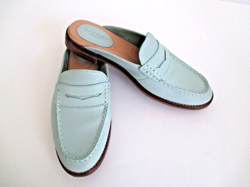 Sperry Top Sider Women Seaport Fina Mules Penny Loafer Blue Leather Preppy 8 EUC