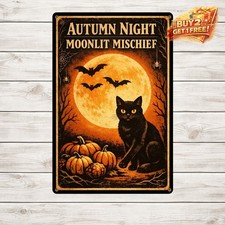 Black Cat Halloween Rustic Tin Metal Sign Home Decor Vintage 8x12 Plaque