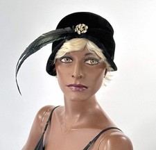 60s Vintage Cloche Hat 20s Inspired Dramatic Feather Rhinestones Joseph Magnin