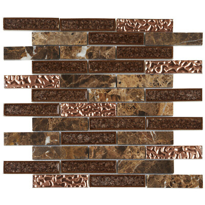 Brown Marble Mosaic Tile Rose Gold Crackle Glass Brick Joint Kitchen Backsplash