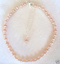 Pink Cultured Freshwater Pearl  Sterling Silver 10"-12" Ankle Bracelet