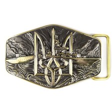 Warship done solid brass belt buckle, ukrainian trident, russian combat ship