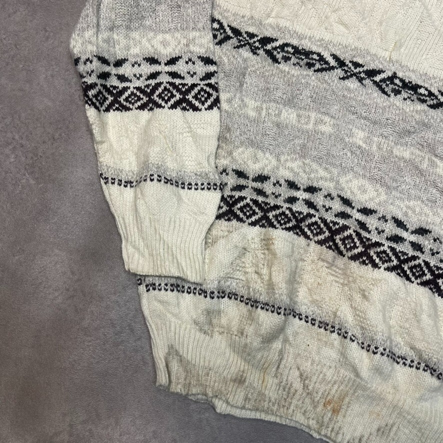 Vintage Knitted Jumper Mens Small Crew Neck Patterned Knit Sweater, White image 6
