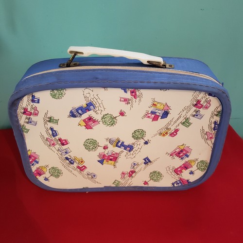 Vintage Childs Suitcase travel blue pink Flower 1960s Mod toy travel case doll