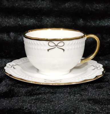 Gold Bows on White Teacup & Saucer Set Ceramic Coquette Yedi Bow Wedding Shower