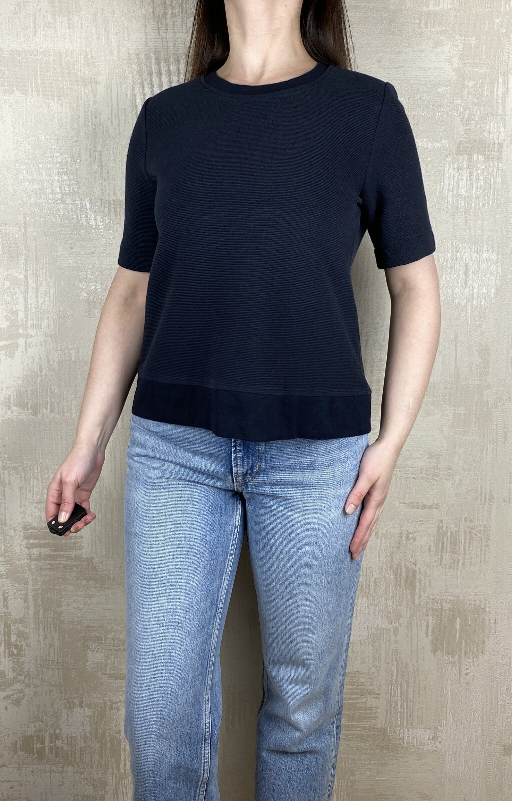 Me+Em Black Cotton Solid Basic Textured Striped T… - image 1