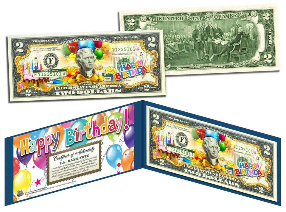 HAPPY BIRTHDAY Colorized Legal Tender Genuine U.S. $2 Bill with Display & COA - Image 3 of 3