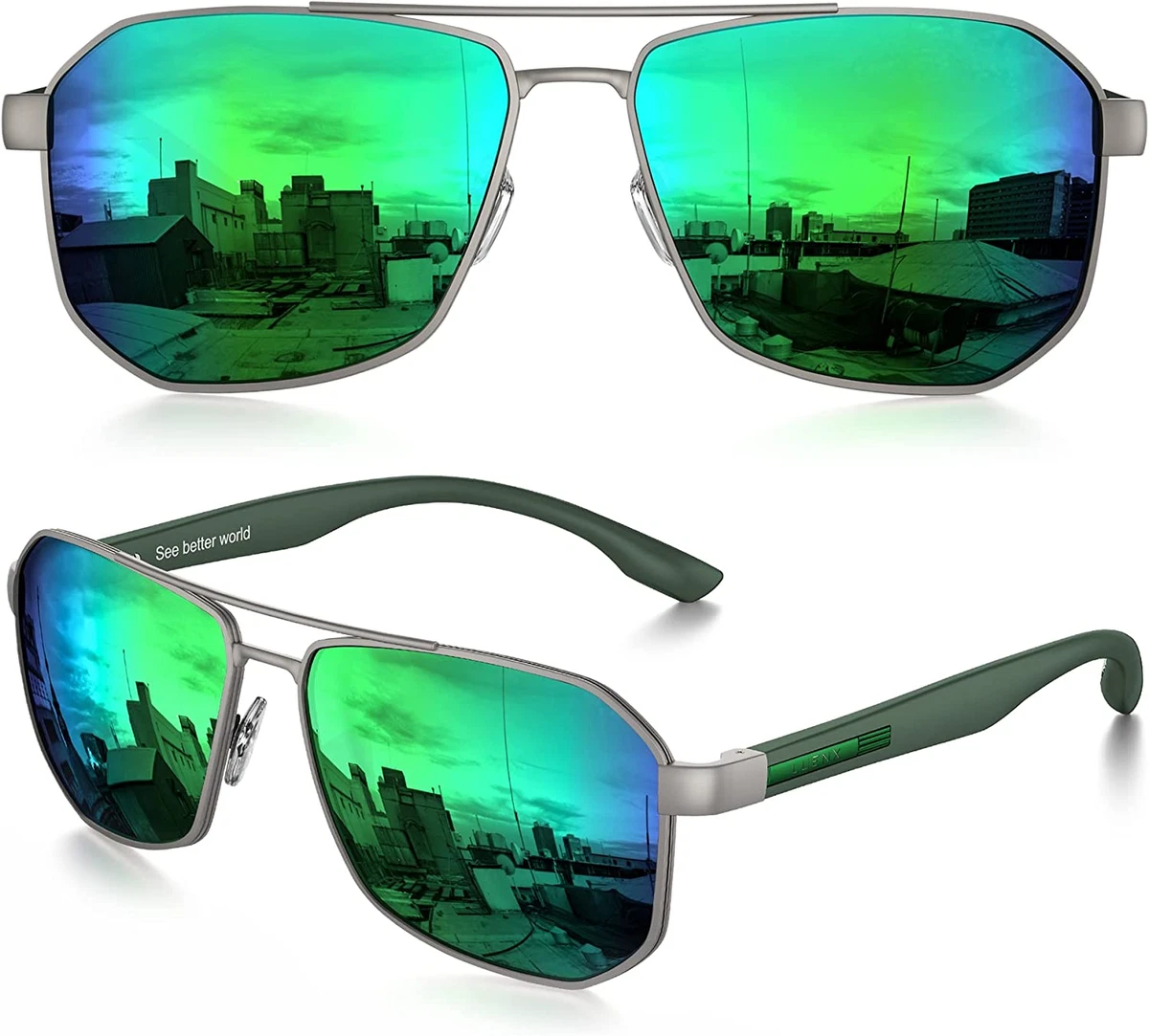 LUENX Aviator Sunglasses for Men Square Polarized Polygon Lens UV 400 Protecti