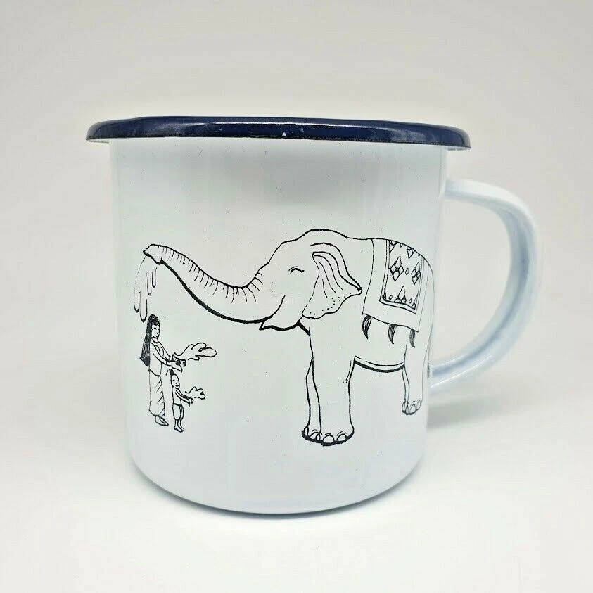 Thai Elephant Enamelware Cup Mug Vintage Coffee White Blue Thai Enamel Camping - Image 4 of 4