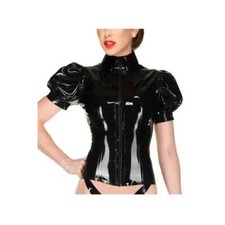 Puff Short Sleeve Glossy PVC Leather Womens Tops Party Club Shirts Sissy Blouse