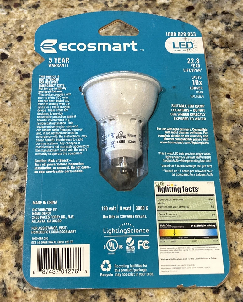 EcoSmart 50W Equivalent Bright White MR16/GU10 INSTANT ON DIMMABLE LED 8W 3000K - Image 2 of 2