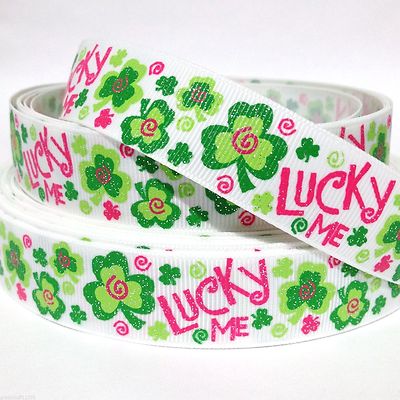 Grosgrain Ribbon 7/8'' ST. PATRICK'S CLOVER LUCKY ME L7M GLITTER Printed