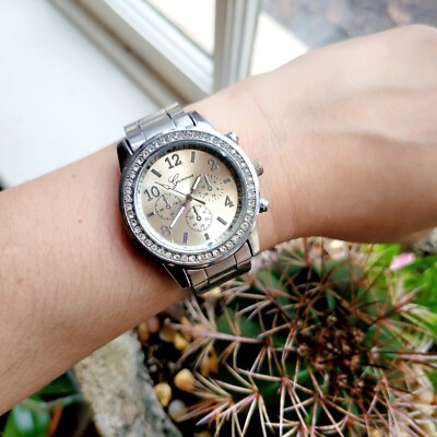 Classic Geneva Rhinestone Black & Rose Gold Watch | eBay display picture 1