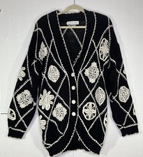 Vtg Rebecca Stone Hand Knit Cardigan Sweater Sz S Black W/ Ivory Crochet Detail