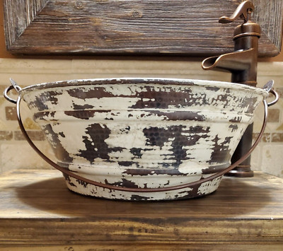 15'' Round Copper Vessel Bath Sink Bucket Style with Distressed White Exterior