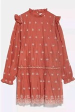 ZARA Coral Embroidered Eyelet Long Sleeve Mini Dress Cotton Red Size XSmall NEW 