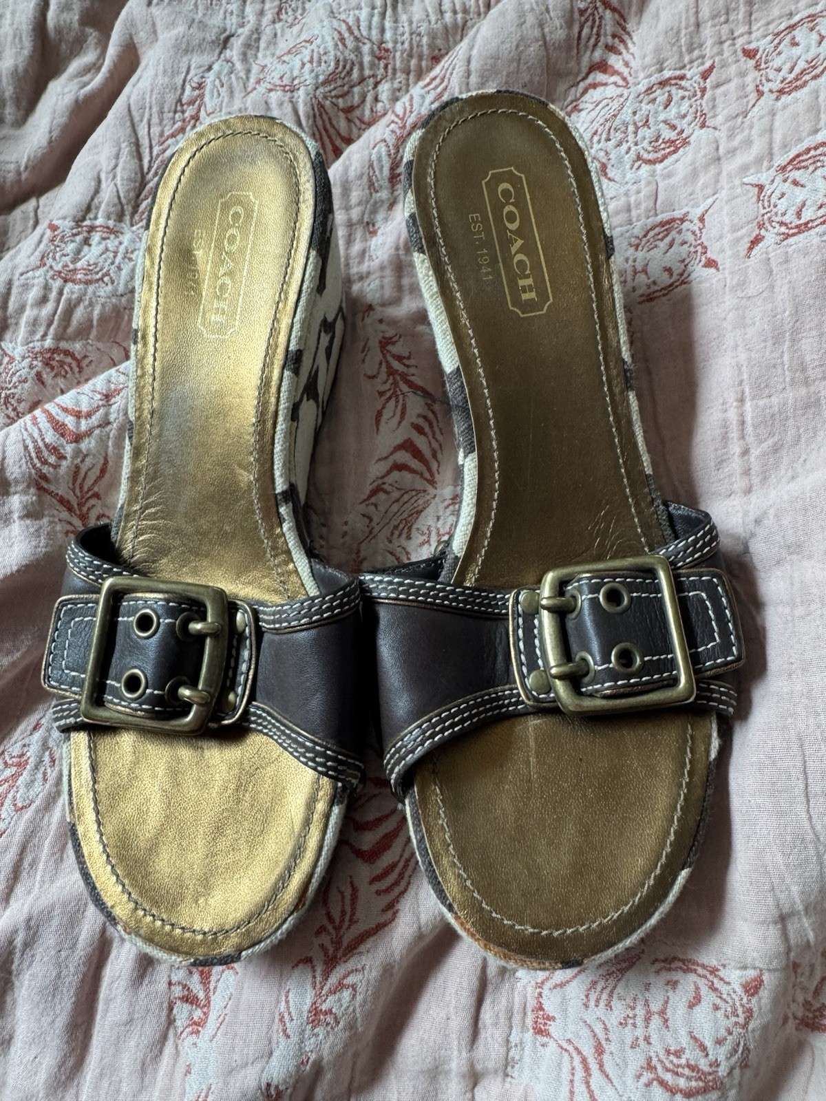 Women's Coach Brown Beige Platform Wedge Logo Sandal Size 8.5 Medium