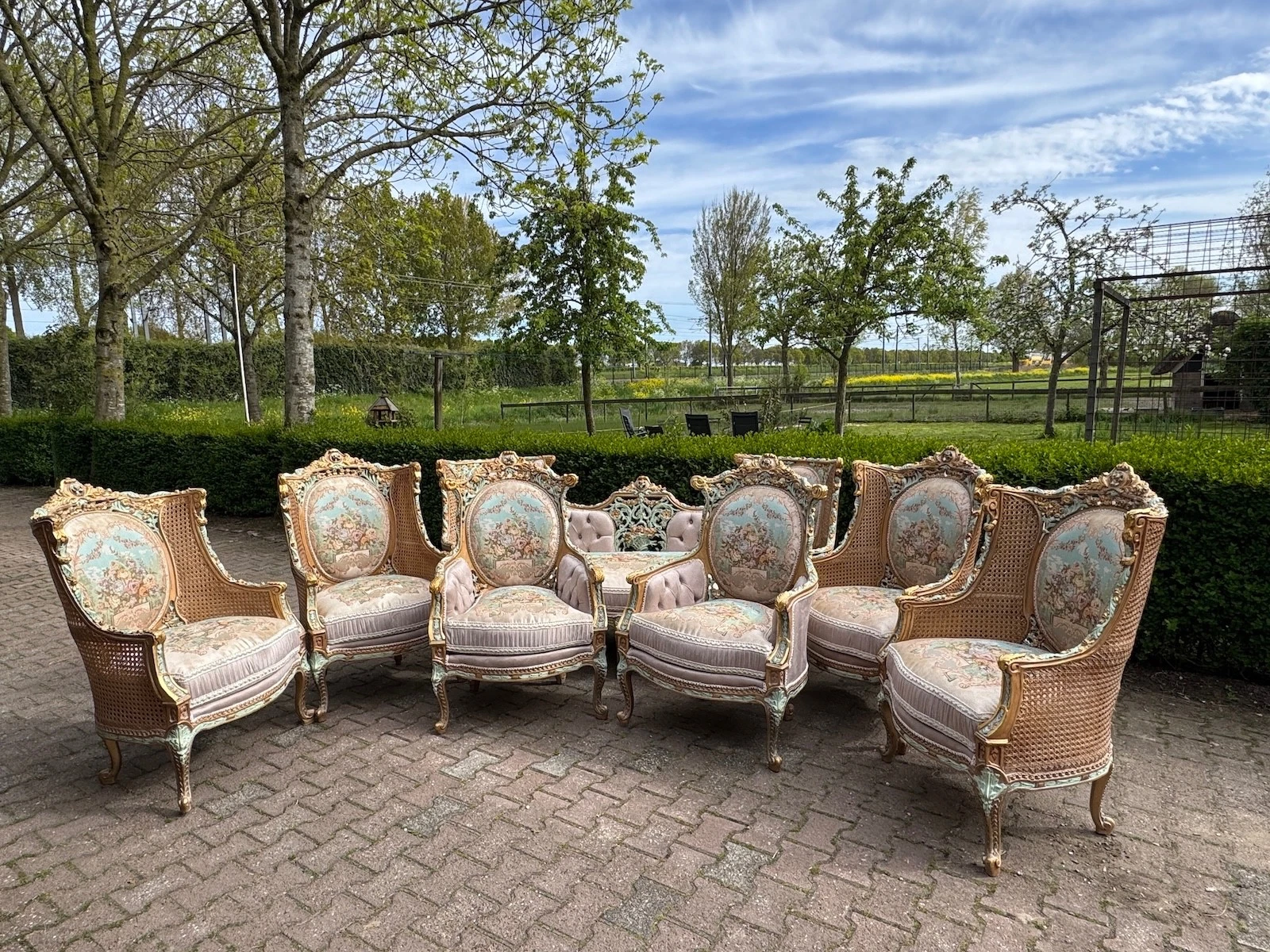 Sofa Set French Louis XVI 1940 Pastel Beech Damask Cane Bergere Chairs 7 Pc